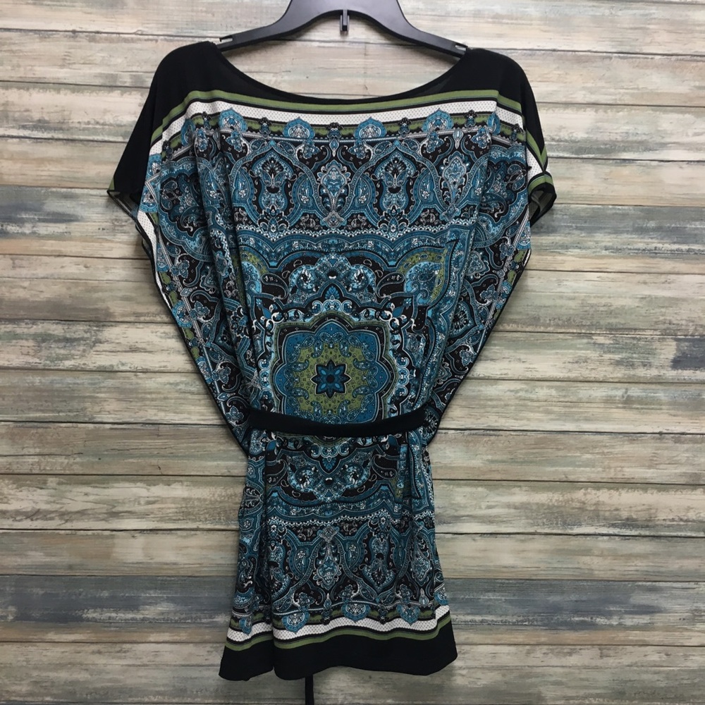 Turquoise & Black Paisley Draped Tunic Top